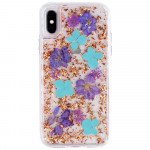 Wholesale iPhone XS / X Luxury Glitter Dried Natural Flower Petal Clear Hybrid Case (Bronze Blue)